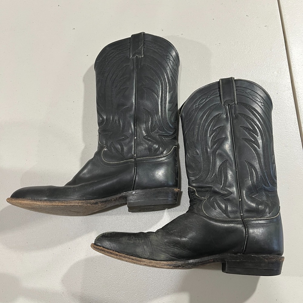 Vintage Justin Black Leather J-Toe Cowboy Boots 9.5 D USA Western 90s Cowhide - Picture 4 of 9